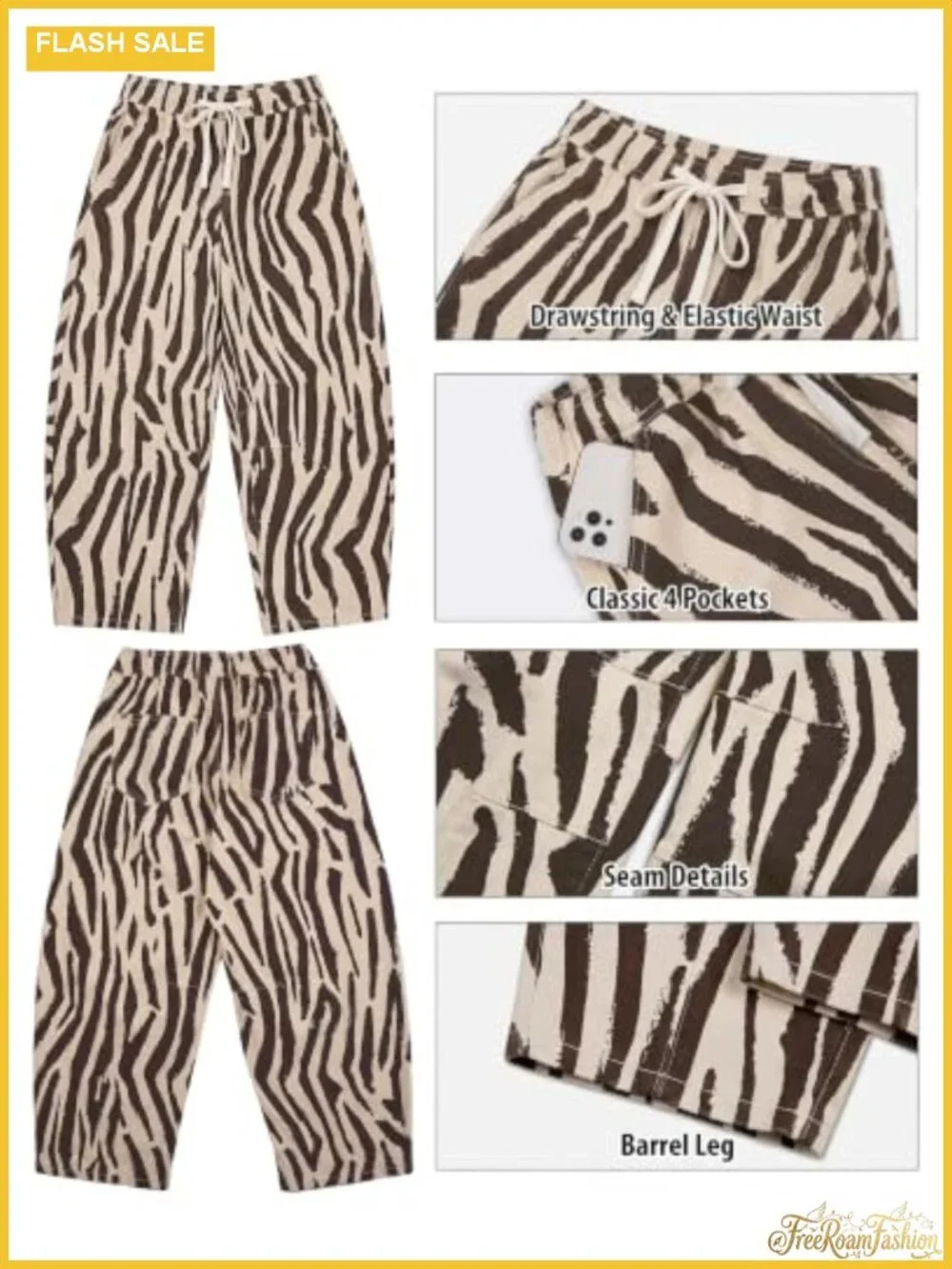 High Waisted Barrel Jeans Womens Wide Leg Baggy Zebra Print Stretch Denim Pull